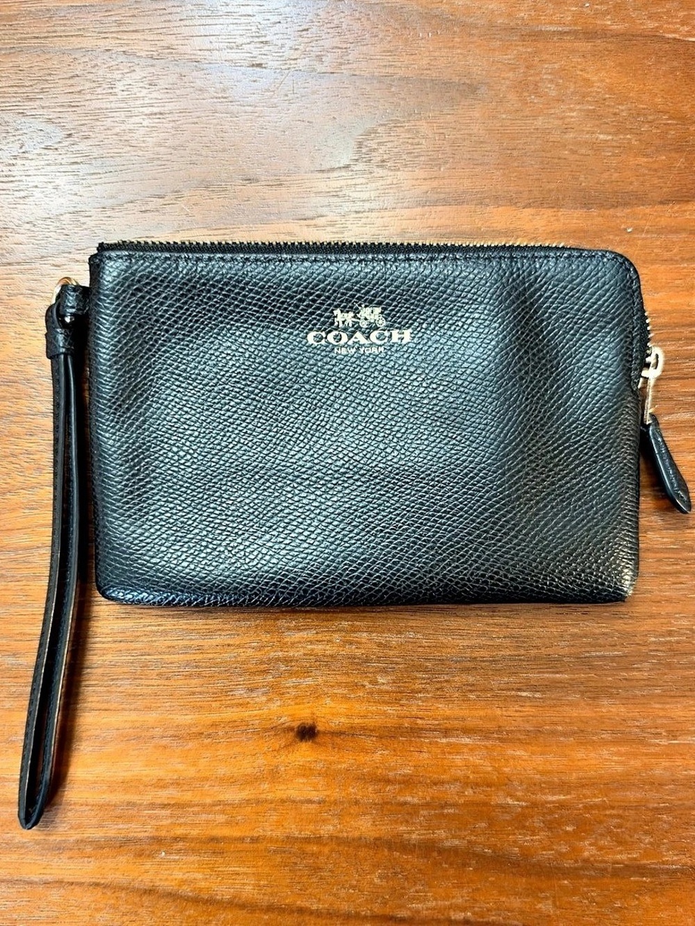 Coach Corner Zip Wristlet in Black Crossgrain Leather